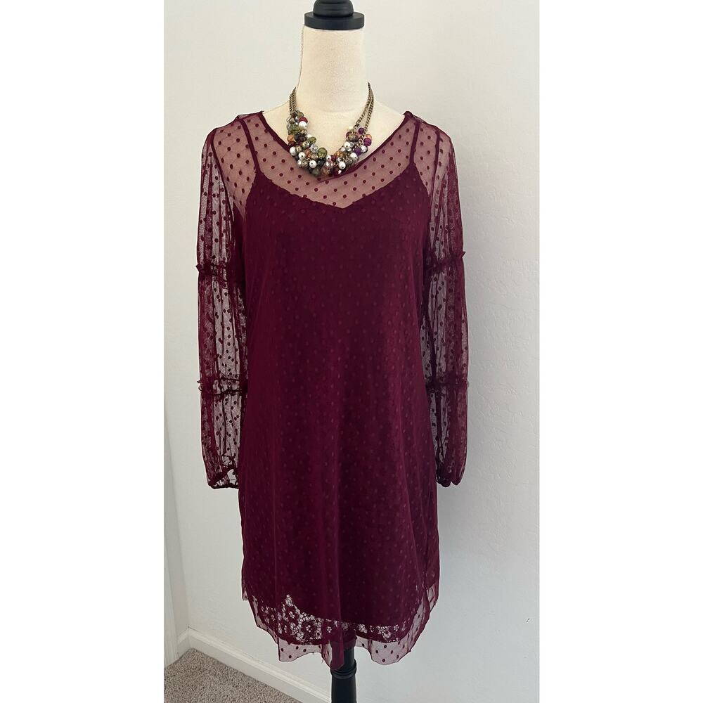 Charlotte Russe Lace Sheath and Polka Dot Mesh Wine Maroon Long Sleeve Dress L‎ - Picture 2 of 13